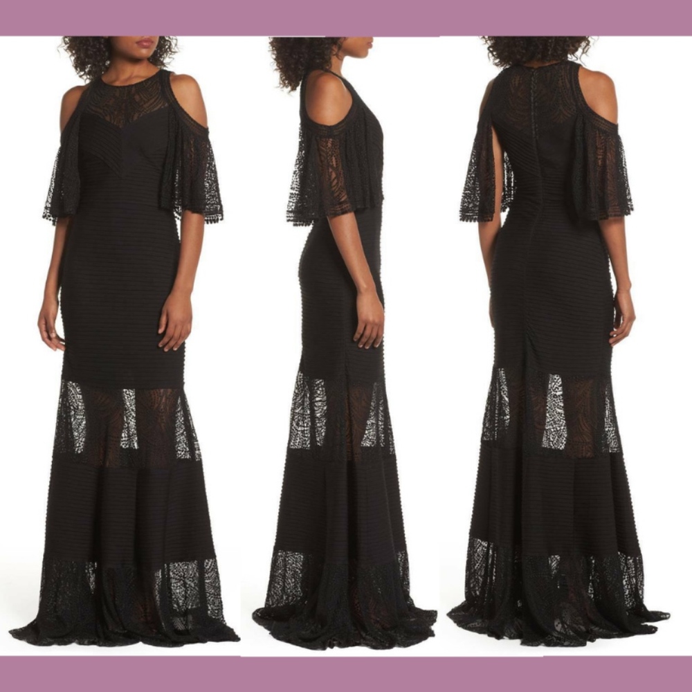 NEW $548‎ Tadashi Shoji Esme Gold Shoulder Lace Gown in Black [SZ Small ]
